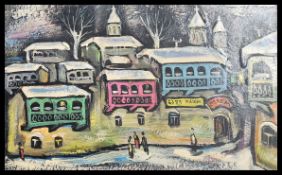 A mid century oil on board painting of a Eastern E