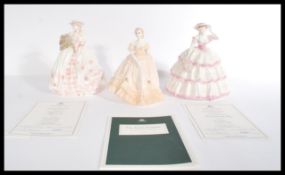 A group of three Coalport ceramic figurines Louisa Ladies of Fashion , Carnation Four Flowers 6301 /