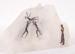 An unusual 20th century bronze and marble sculpture / diorama carving. The round slither of white