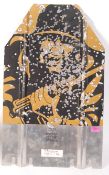 Arun Fabs - A 20th Century aluminium shooting range target being heavily shot, having a yellow a