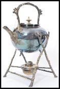 A 19th century Victorian silver plated spirit burner picnic kettle by Fenton Brothers. Raised on