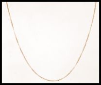 A 9ct gold box necklace chain having a bolt ring clasp. Clasp AF. Weighs 3.1 grams.