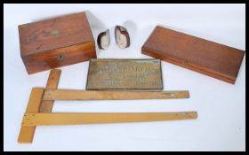 A collection of vintage items to include a Victorian work box, set squares, gemstone bookends and