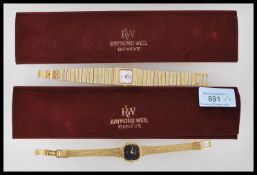 Two vintage Raymond Weil Geneve 18k gold plated ladies watches. One having a bark effect strap