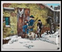 An unusual enamel on copper plaque having hand enamelled hunting scene of hunters and game in the