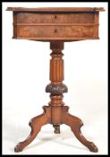 A 19th century Victorian  walnut ladies pedestal workbox having sarcophagus top over column