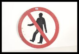 A vintage retro 20th century Worboy's style enamel no pedestrian road sign featuring a person with