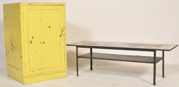 A vintage retro 20th century low coffee table with retro print top along with a yellow painted Air