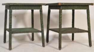 A pair of vintage 20th century retro green wicker tables of square form. One having glass top and