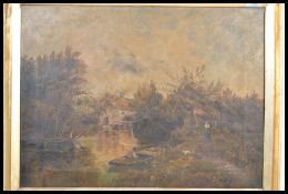 A 19th century oil on canvas painting of a river scene with boatsman and lady with dog riverside