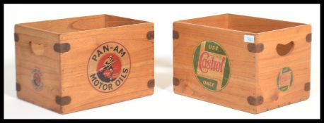 Two vintage wooden record storage boxes with notation for Pan-am Motoroil and Castrol. Measures: