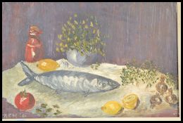 A vintage / retro 20th Century still life oil on board of a Mackerel on a slab with lemons and