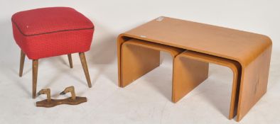 A retro bentwood 20th century nest of tables together with a  red moquette upholstered mid century