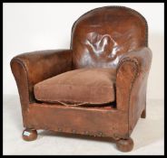 A 1930's Art Deco French club chair - armchair. Full grain original leather with velour cushion to