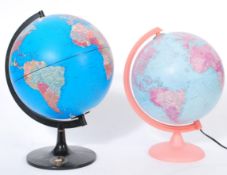 Two World globes. Approx 30cm and 25cm diameters, smaller is illuminated.
