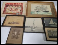 A framed and glazed pen and ink picture of a yacht