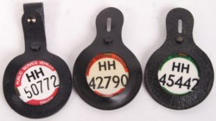 COLLECTION OF VINTAGE BUS DRIVER'S BADGES / LEATHER FOBS