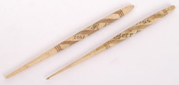 RARE PAIR OF BOER WAR PRISONER OF WAR CARVED CROCHET HOOKS