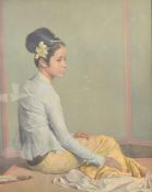 A vintage retro 20th century print of an Oriental girl in traditional dress in a seated position,