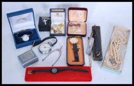 A collection of vintage costume jewellery and watches to include Smiths, pearls, silver necklace and