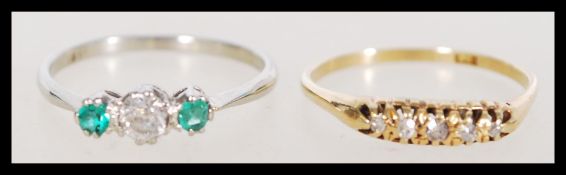 Two 20th century rings to include a stamped 18ct yellow gold ring with five inset diamonds to the