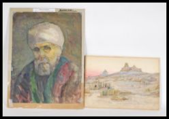 A pair of 20th century water colour paintings on paper to include a water colour painting of a man