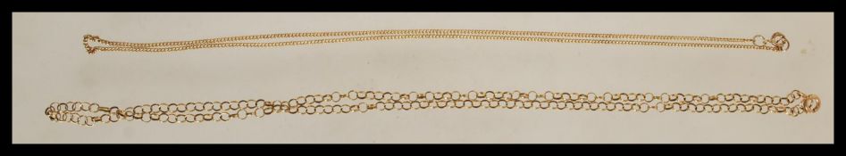 A pair of 9ct gold testing necklace chains one made from belcher link, the other bring curb link,