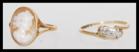 Two gold rings to include a stamped 9ct cameo ring featuring a female portrait with floral head