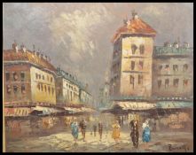 A framed oil on canvas depicting a busy Parisienne street scene, signed to the corner Burnett