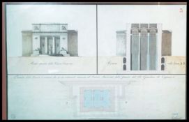 A vintage framed and glazed architectural print floor plan front side and birds eye view of a