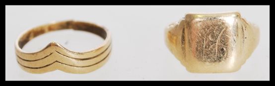 Two gold signet rings to include hallmarked 19th century 9ct gold cushion shaped signet ring with an