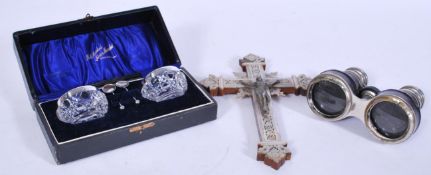 A collection of vintage wares to include a pair of hallmarked silver J&R co. cut glass sugar pots