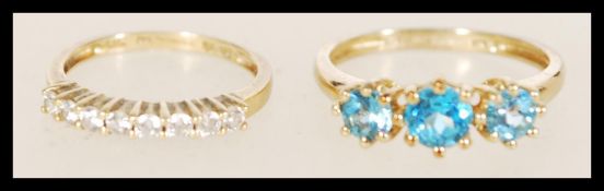 A contemporary 9ct Birmingham hallmarked gold ladies ring with three blue topaz stones in prong