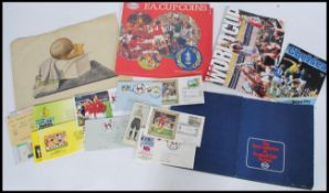 Football collectables inc original antique water colour of ball & boot, ESSO coin and badge items