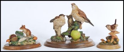 A group of three naturalistic Country Artist figure groups to include Thrush With Young, Woodmouse