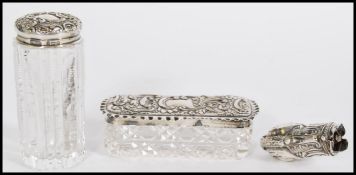 2 silver hallmarked rococo cut glass ladies dressing table vanity pots, one hallmarked for