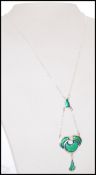 A stamped 925 silver Art Nouveau style necklace with green and blue enamel details, and a spring