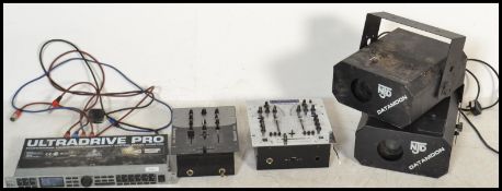 A collection of DJ mixing equipment to include mixers by Numark x2 , a loud speaker management
