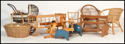 ASSORTED VINTAGE WEAVED AND WOODEN DOLLS FURNITURE