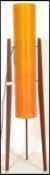 A retro 1960's rocket lamp, floor standing teak and spun resin, the cream cylindrical centre flanked