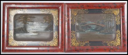 Two 19th century Japanese Shibayama style bronze plaques, with hand painted landscape scenes with