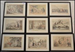 A group of nine Rowlandson plate prints of Dr Syntax stamped London 1813 all framed and glazed.