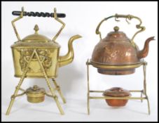 A selection of late 19th/early 20th century spirit kettles to include a brass kettle with embossed