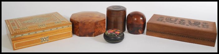 A group of vintage 20th century boxes to include Anglo Indian style bone inlay marquetry box,
