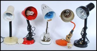 A collection of vintage retro 20th Century gooseneck desk lamps, ranging in a variety of colours,