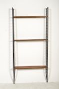 A vintage retro 20th century Ladderax modular wall shelving unit by Staples consisting of three