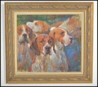 A 20th century oil painting of a group of fox hounds by Michael Coote on a background of blue and