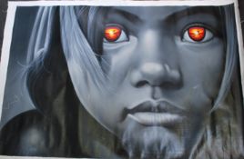 A contemporary oil painting on canvas depicting a the face of a girl in black and white with