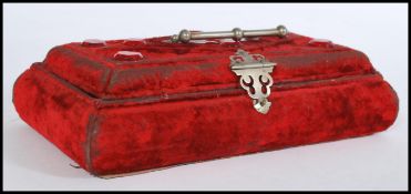 A 19th century Victorian ladies red velvet upholstered ' Gypsy ' jewellery box with white metal