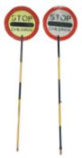 PAIR OF RETRO ROAD CROSSING LOLLIPOPS HANDHELD SIGNS